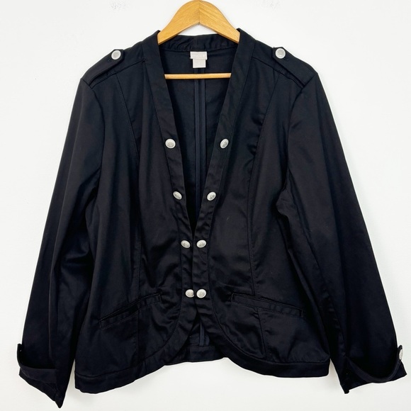 Chico’s Black Military-Detail Sateen Long Sleeves Button Down Jacket Size XL/16 - Picture 1 of 16